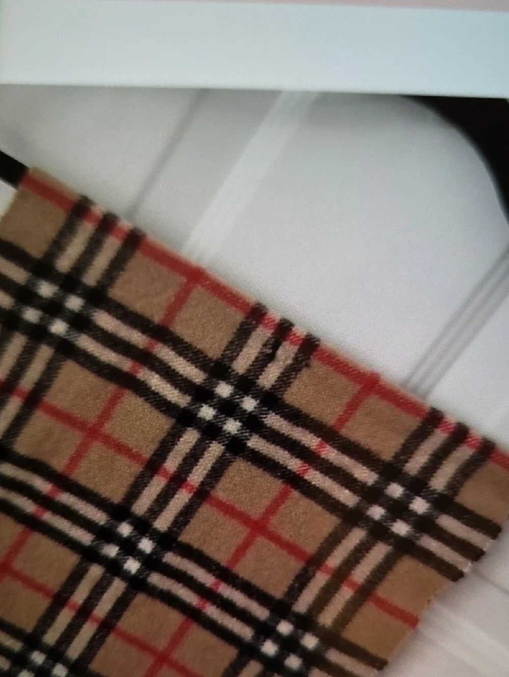 Burberry Beige Plaid Scarf with Black, White and Red Accents